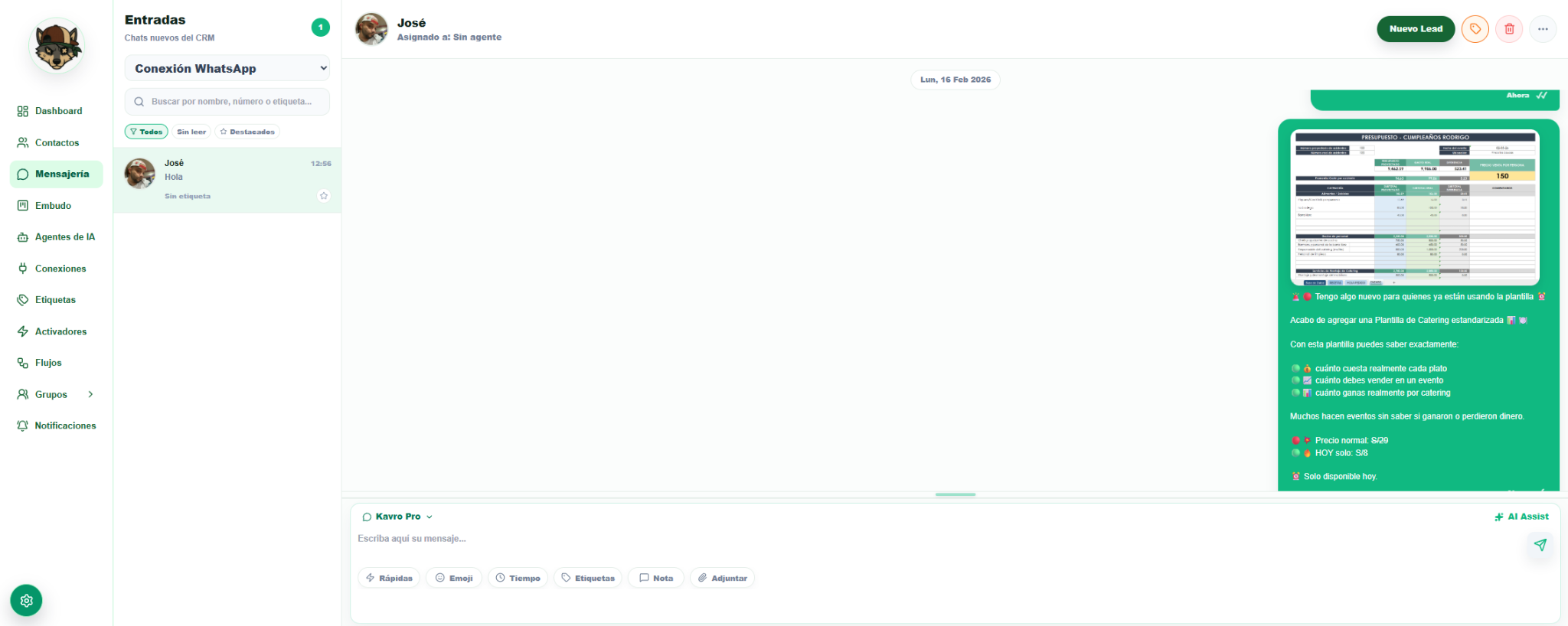 Bandeja de mensajería y chat CRM de Kavro Pro