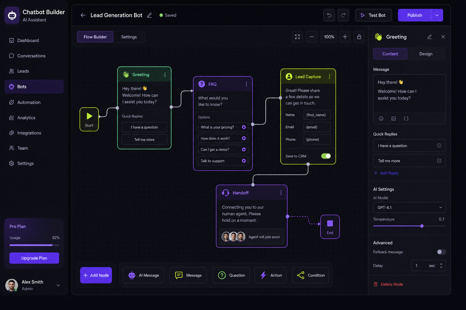 Constructor visual de chatbots e IA en Kavro Pro